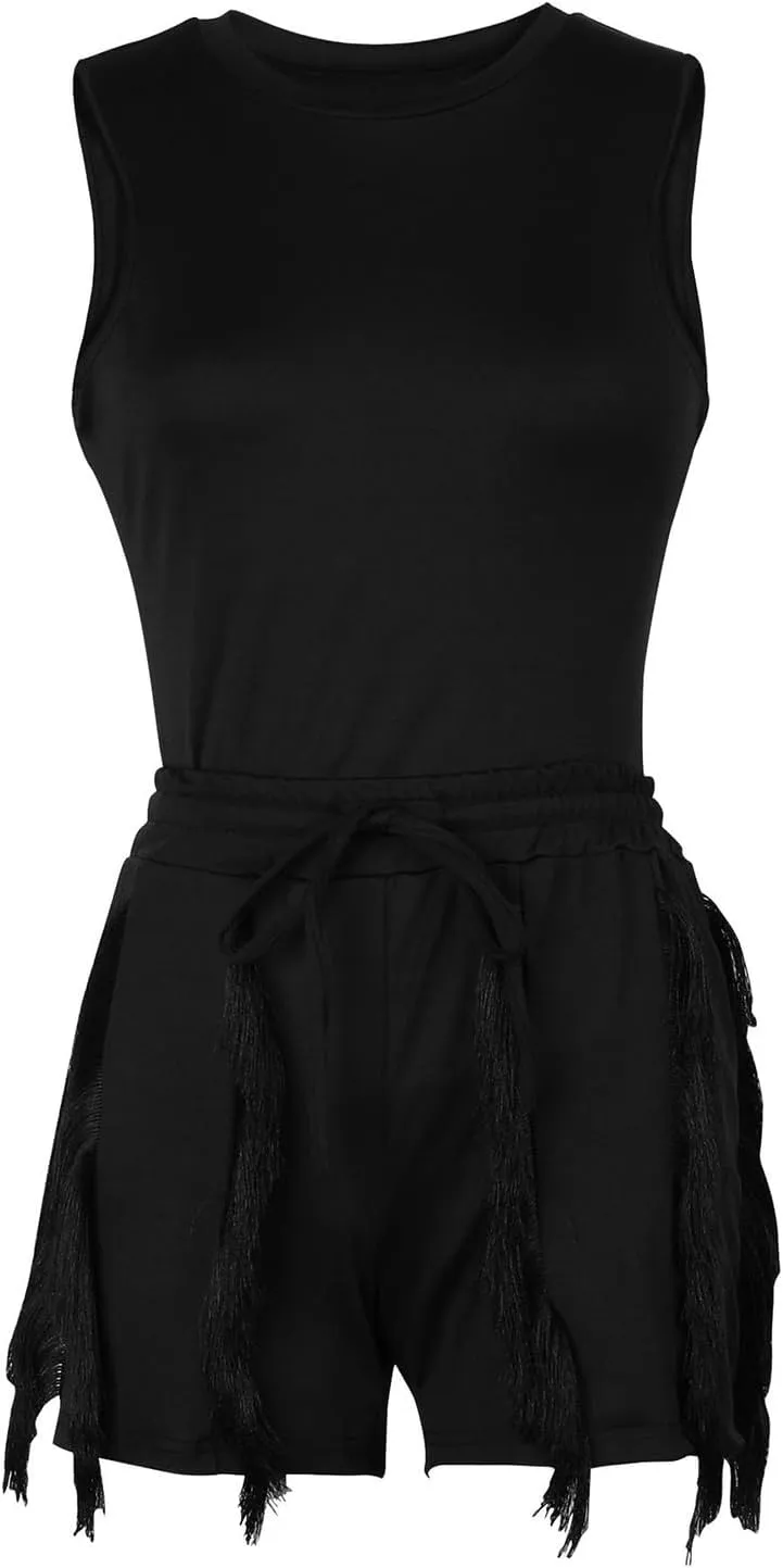 2 Piece Short Sets for Women - Sexy Bodycon Sleeveless Tops Fringe Pants Drawstring Shorts Jumpsuits