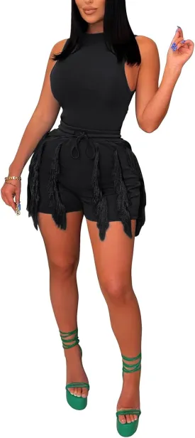 2 Piece Short Sets for Women - Sexy Bodycon Sleeveless Tops Fringe Pants Drawstring Shorts Jumpsuits