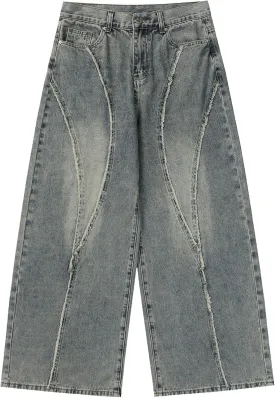 Aelfric Eden Mens Jeans Fringe Patchwork Loose Fit Jean Pants Casual Unisex Wide Leg Y2k Vintage Denim Pant Streetwear
