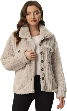 Allegra K Women's Fleece Jackets Winter Button Down Long Sleeve Soft Fuzzy Shaggy Teddy Coats Jacket