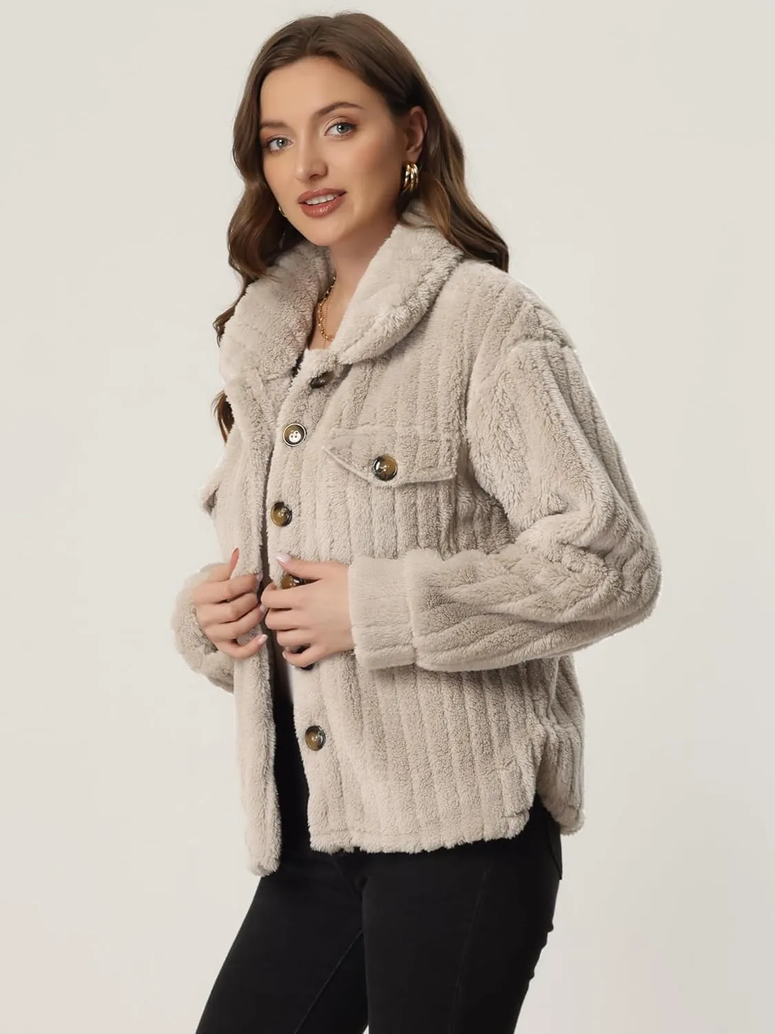 Allegra K Women's Fleece Jackets Winter Button Down Long Sleeve Soft Fuzzy Shaggy Teddy Coats Jacket