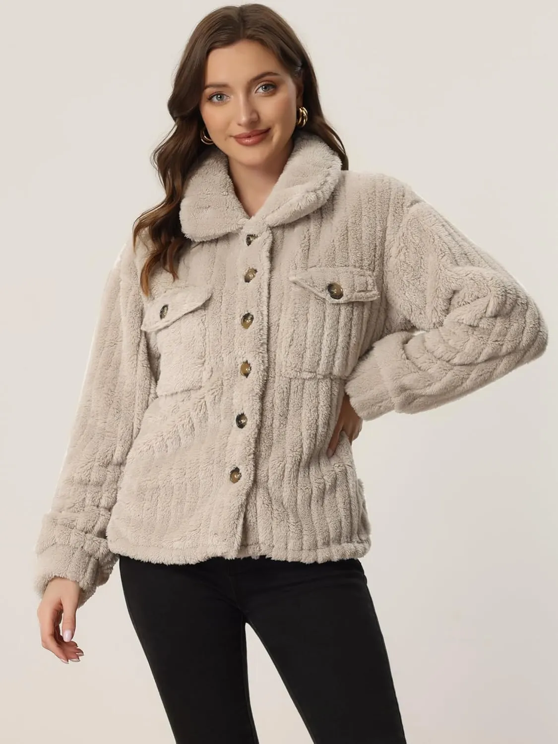 Allegra K Women's Fleece Jackets Winter Button Down Long Sleeve Soft Fuzzy Shaggy Teddy Coats Jacket
