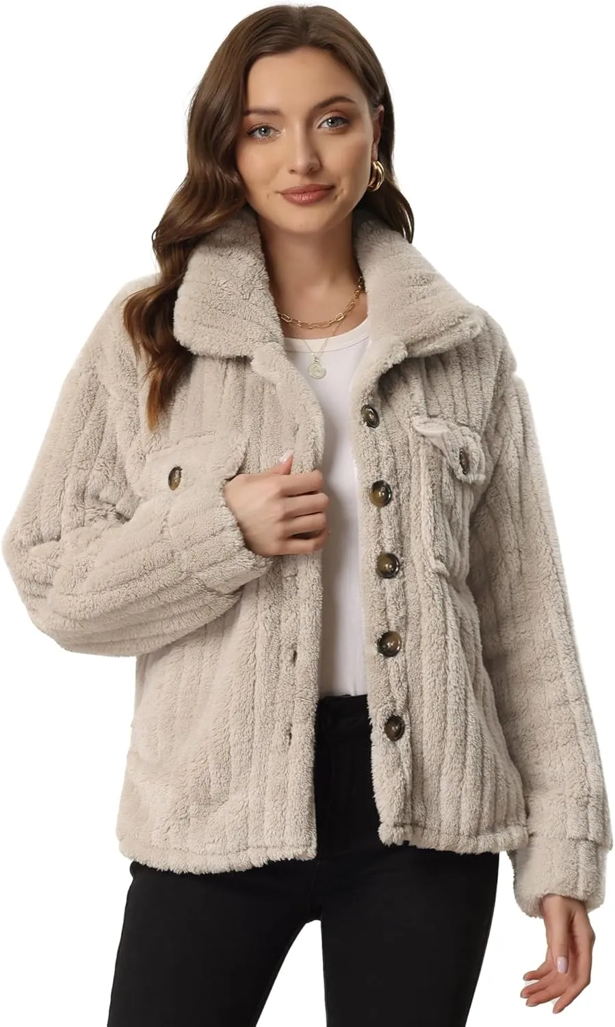 Allegra K Women's Fleece Jackets Winter Button Down Long Sleeve Soft Fuzzy Shaggy Teddy Coats Jacket