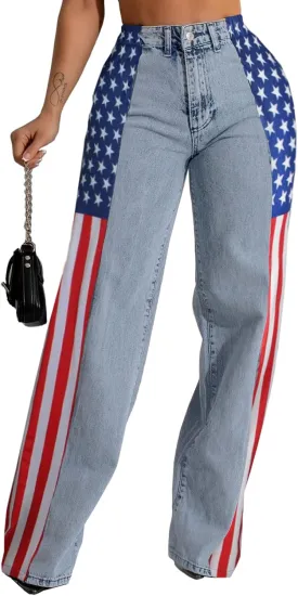 Angsuttc Womens Jeans with Patchwork Stripes High Waist American Flag Denim Jean Color Block Straight Wide Leg Pants