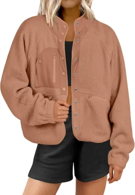 ANRABESS Womens Fuzzy Fleece Jacket Fall Casual Long Sleeve Cropped Sherpa Button Down Shacket Coats Outwear With Pockets