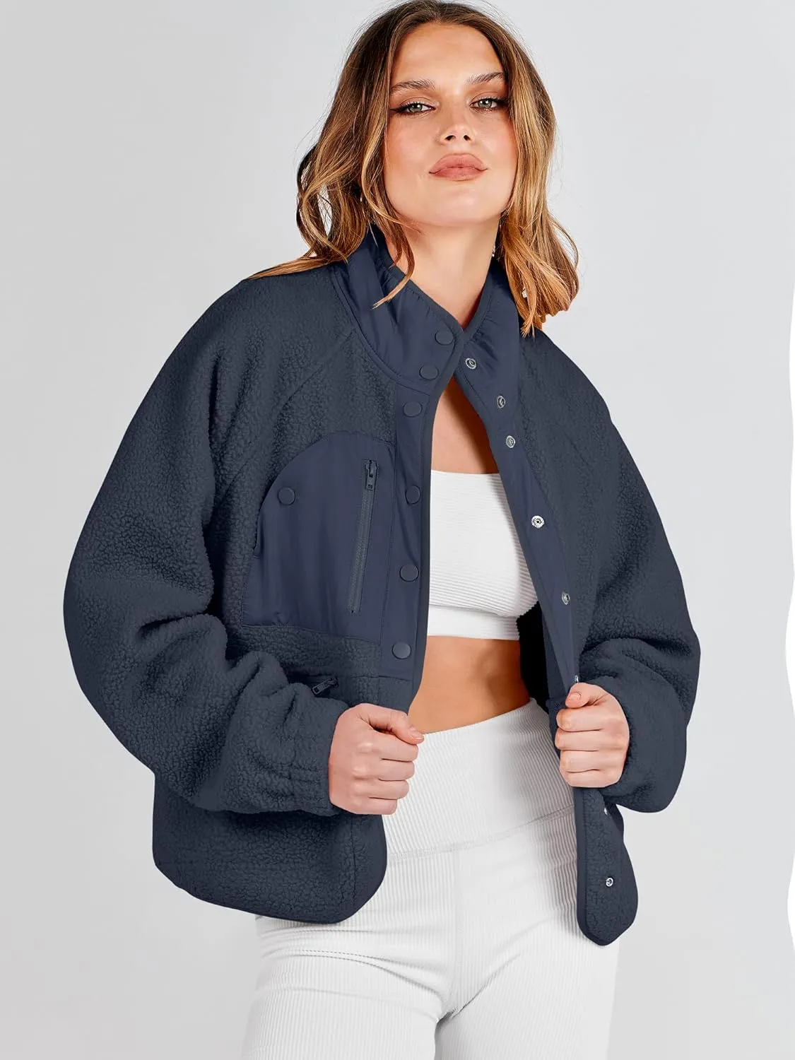 ANRABESS Womens Fuzzy Fleece Jacket Fall Casual Long Sleeve Cropped Sherpa Button Down Shacket Coats Outwear With Pockets