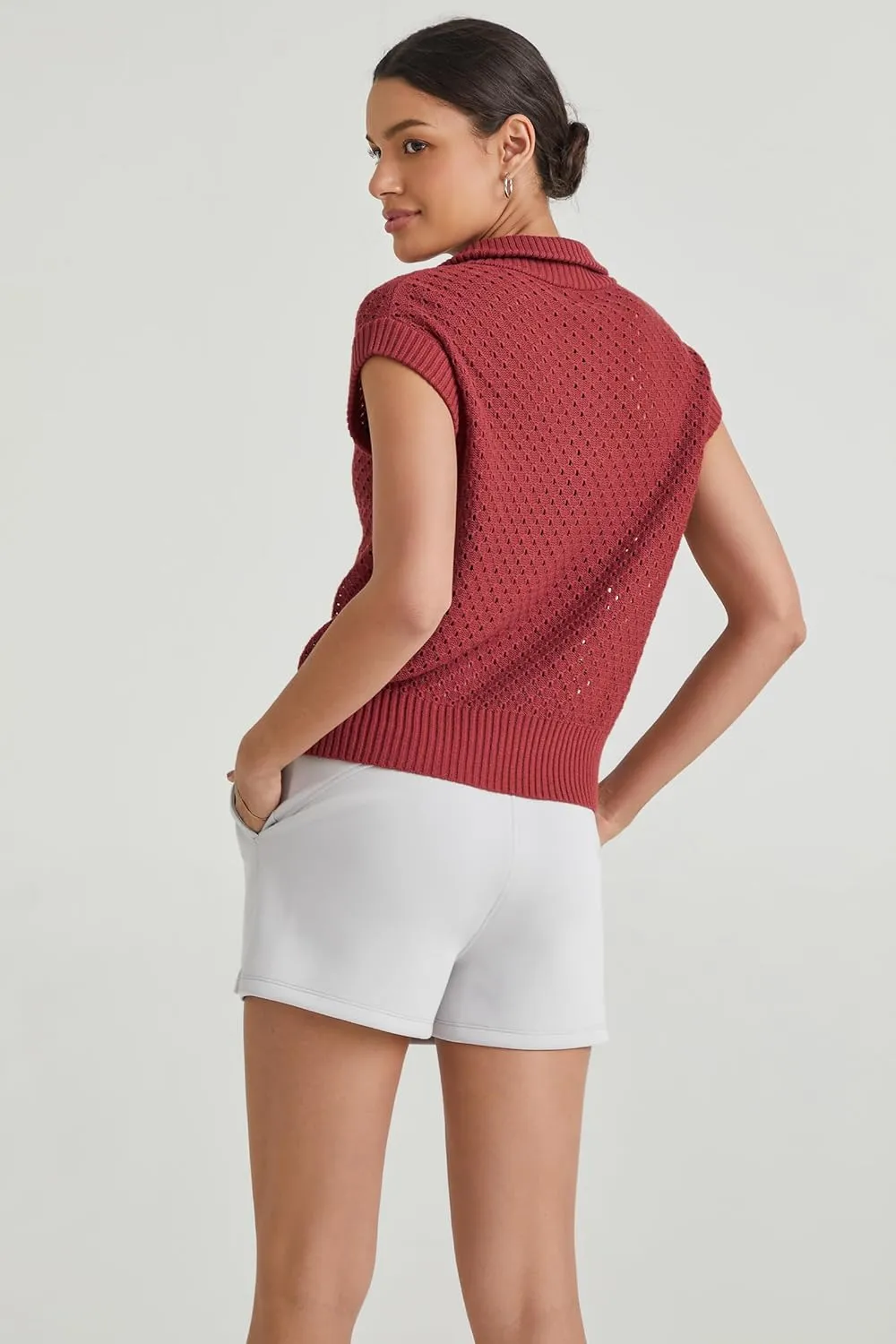 Arach&Cloz Womens Summer Cap Sleeve Sweater Vest 2025 Spring Casual Quarter Zip Hollow Out Crochet Polo V Neck Tops