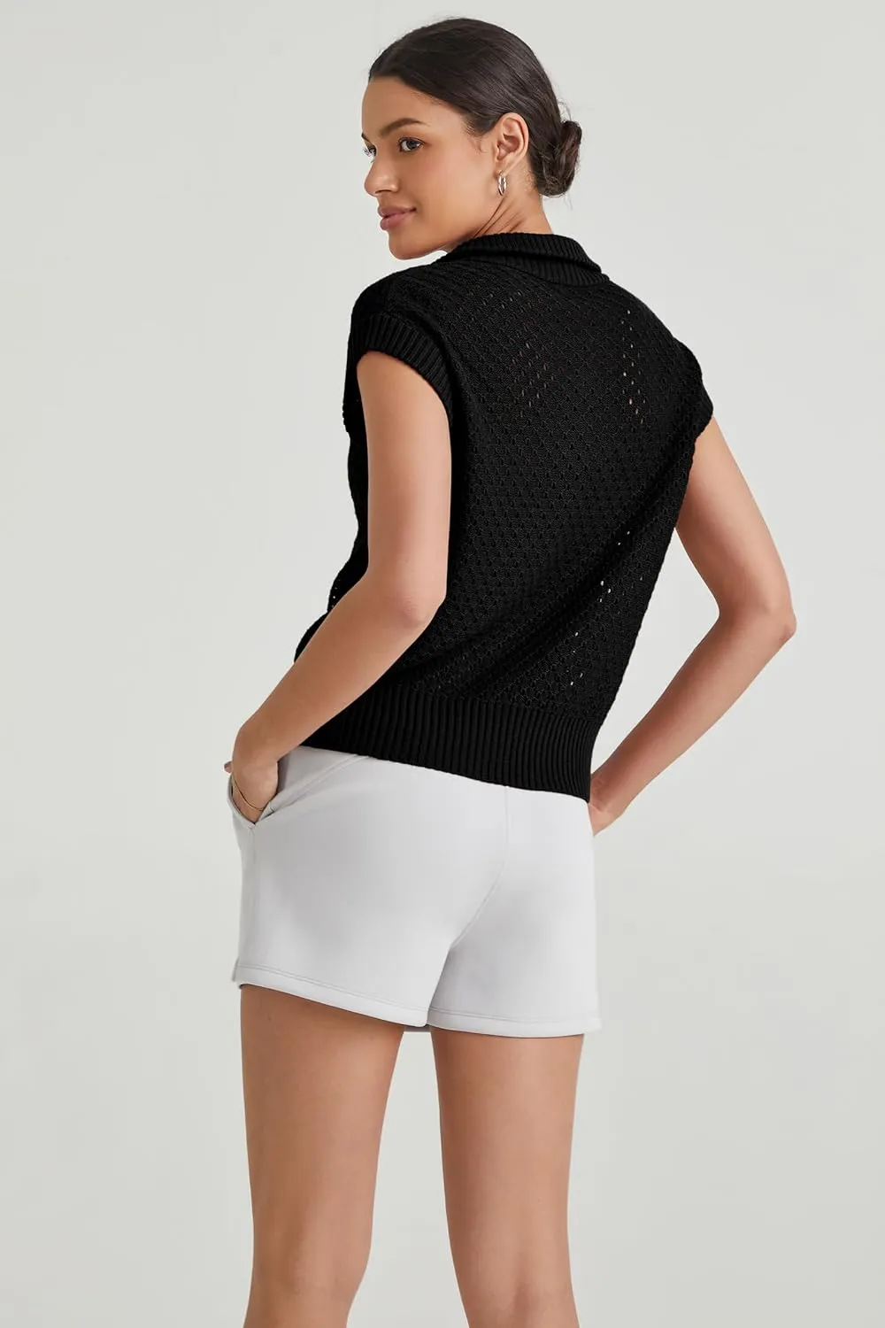 Arach&Cloz Womens Summer Cap Sleeve Sweater Vest 2025 Spring Casual Quarter Zip Hollow Out Crochet Polo V Neck Tops