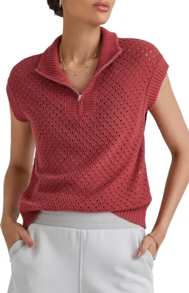 Arach&Cloz Womens Summer Cap Sleeve Sweater Vest 2025 Spring Casual Quarter Zip Hollow Out Crochet Polo V Neck Tops