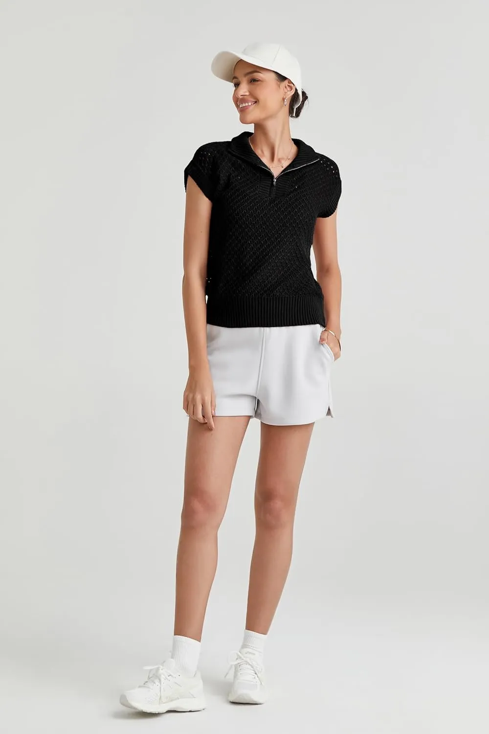 Arach&Cloz Womens Summer Cap Sleeve Sweater Vest 2025 Spring Casual Quarter Zip Hollow Out Crochet Polo V Neck Tops