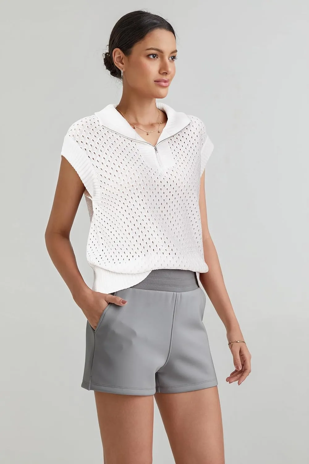 Arach&Cloz Womens Summer Cap Sleeve Sweater Vest 2025 Spring Casual Quarter Zip Hollow Out Crochet Polo V Neck Tops