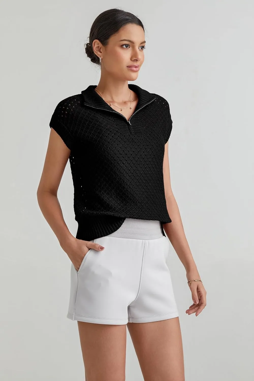 Arach&Cloz Womens Summer Cap Sleeve Sweater Vest 2025 Spring Casual Quarter Zip Hollow Out Crochet Polo V Neck Tops