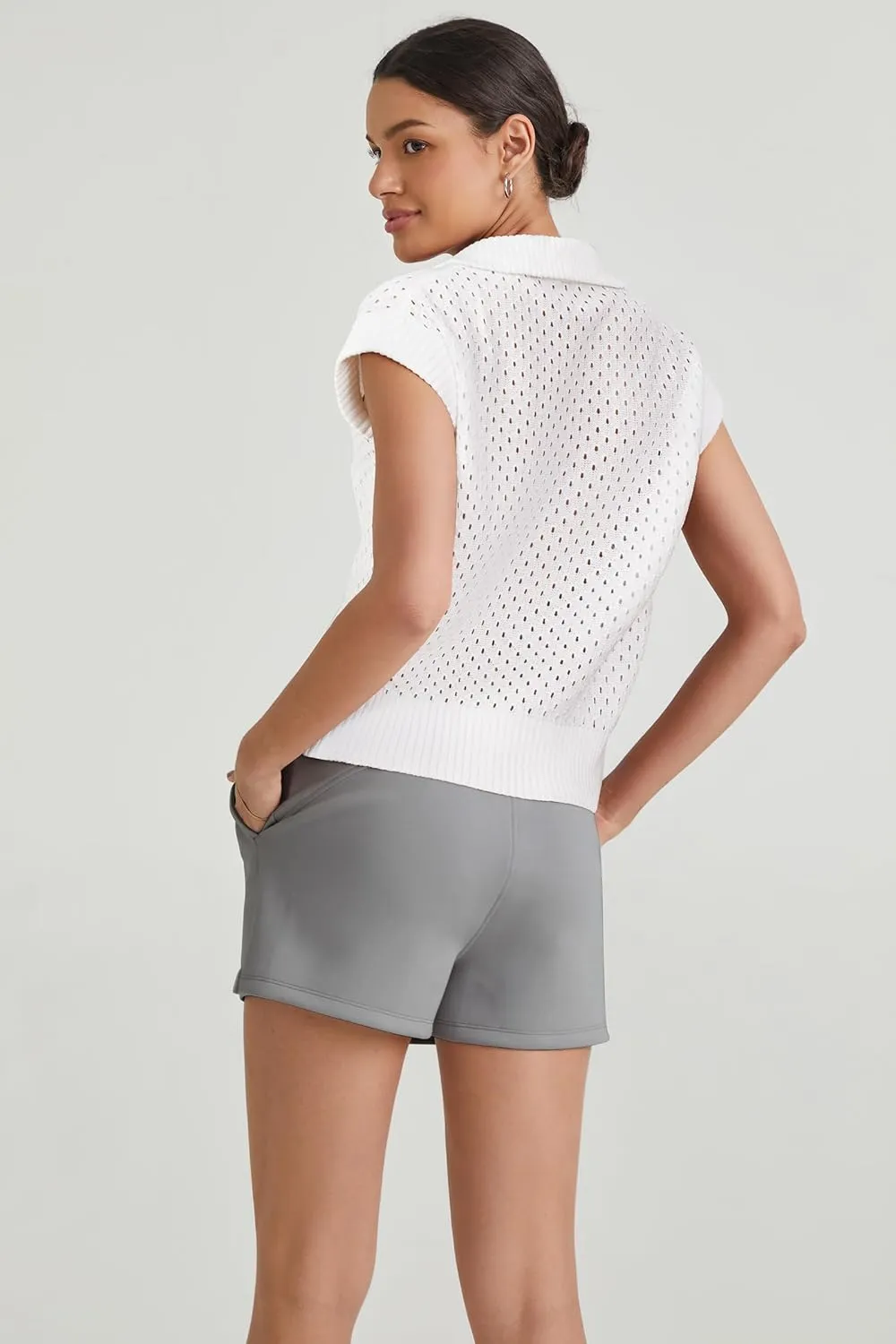 Arach&Cloz Womens Summer Cap Sleeve Sweater Vest 2025 Spring Casual Quarter Zip Hollow Out Crochet Polo V Neck Tops