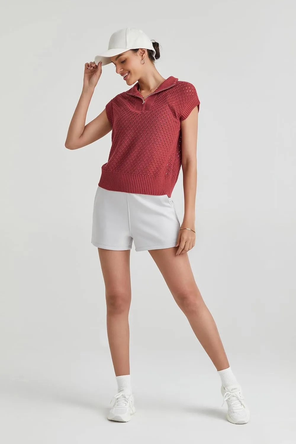 Arach&Cloz Womens Summer Cap Sleeve Sweater Vest 2025 Spring Casual Quarter Zip Hollow Out Crochet Polo V Neck Tops