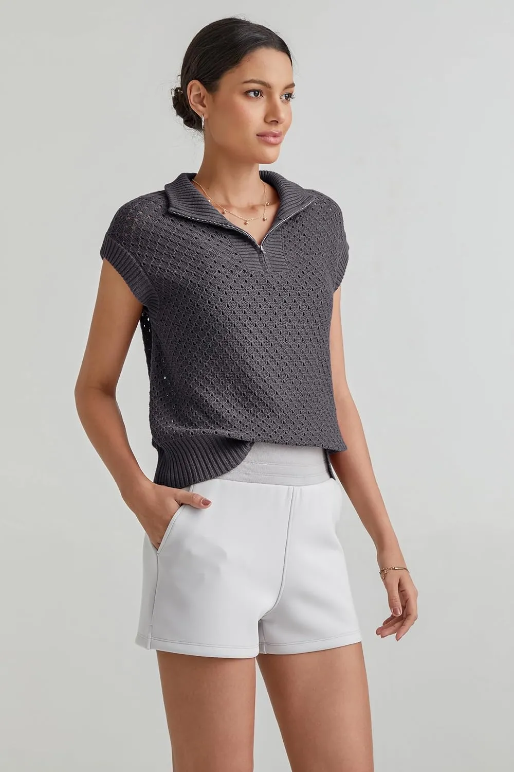 Arach&Cloz Womens Summer Cap Sleeve Sweater Vest 2025 Spring Casual Quarter Zip Hollow Out Crochet Polo V Neck Tops