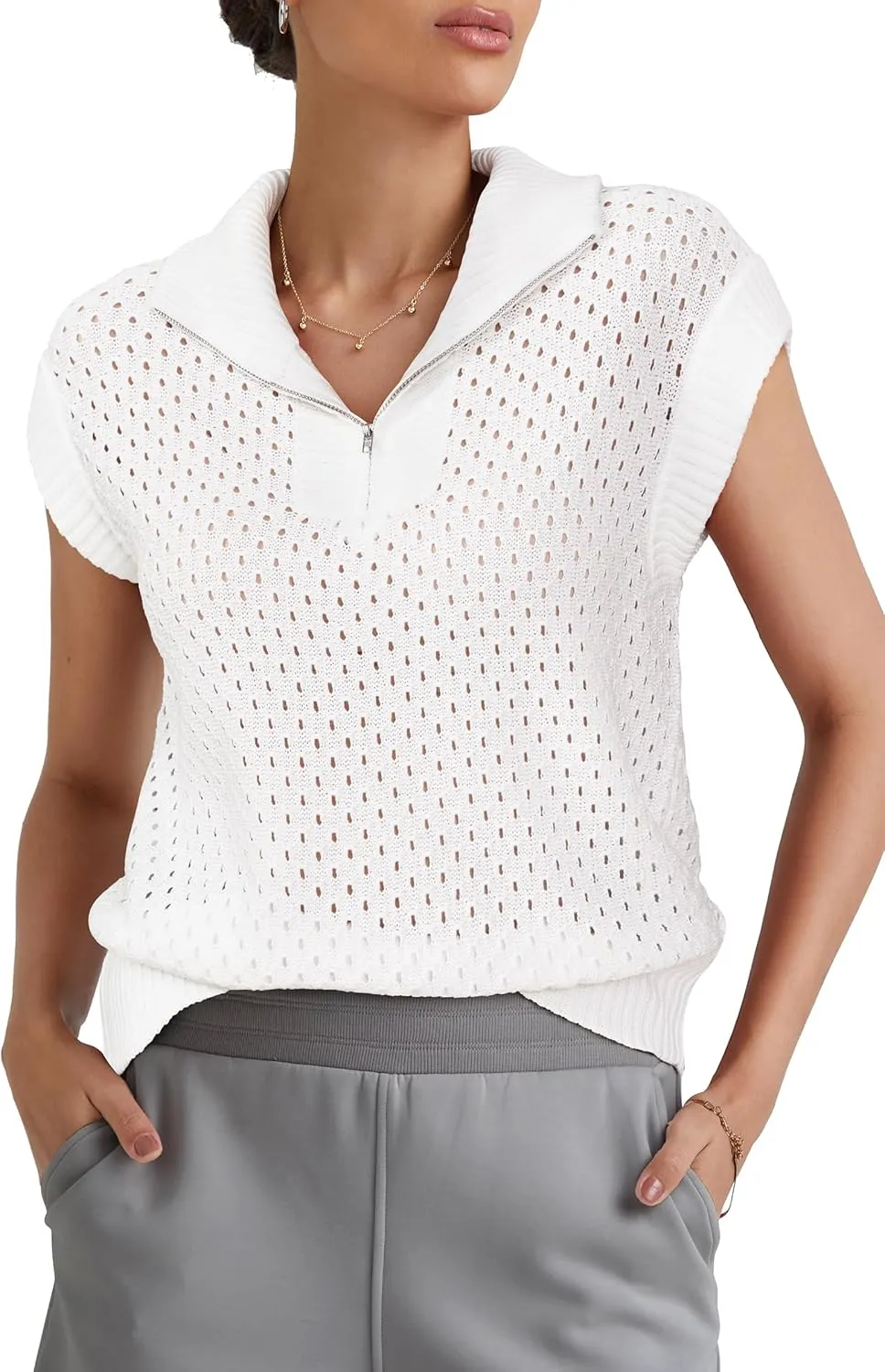 Arach&Cloz Womens Summer Cap Sleeve Sweater Vest 2025 Spring Casual Quarter Zip Hollow Out Crochet Polo V Neck Tops