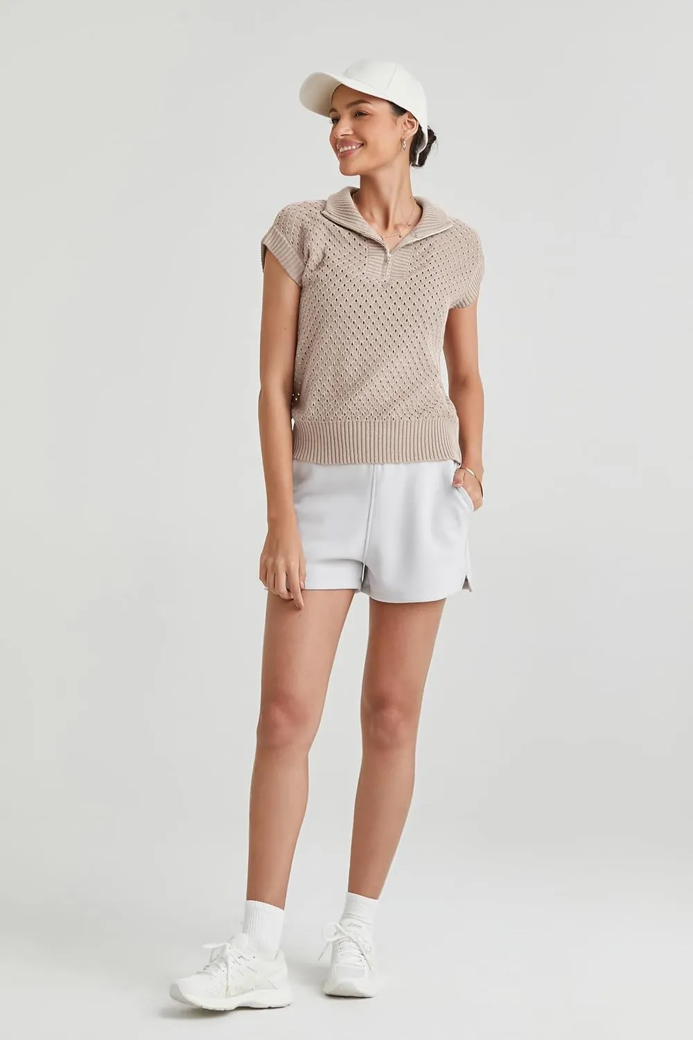 Arach&Cloz Womens Summer Cap Sleeve Sweater Vest 2025 Spring Casual Quarter Zip Hollow Out Crochet Polo V Neck Tops