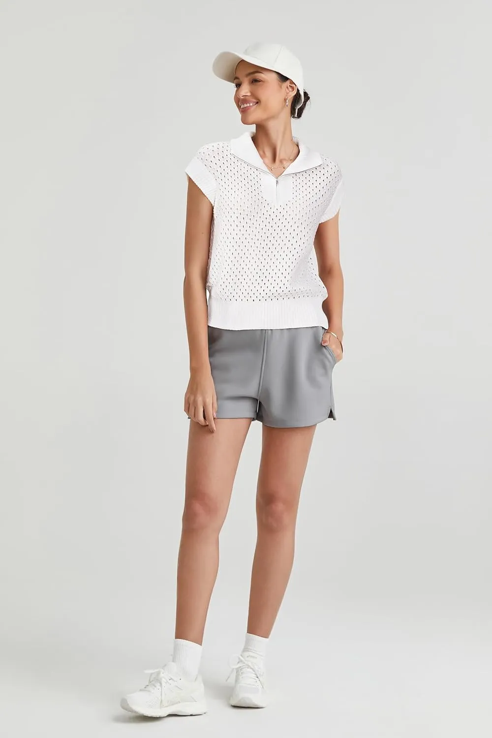 Arach&Cloz Womens Summer Cap Sleeve Sweater Vest 2025 Spring Casual Quarter Zip Hollow Out Crochet Polo V Neck Tops