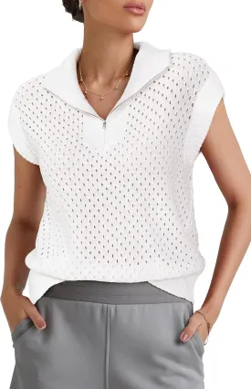 Arach&Cloz Womens Summer Cap Sleeve Sweater Vest 2025 Spring Casual Quarter Zip Hollow Out Crochet Polo V Neck Tops