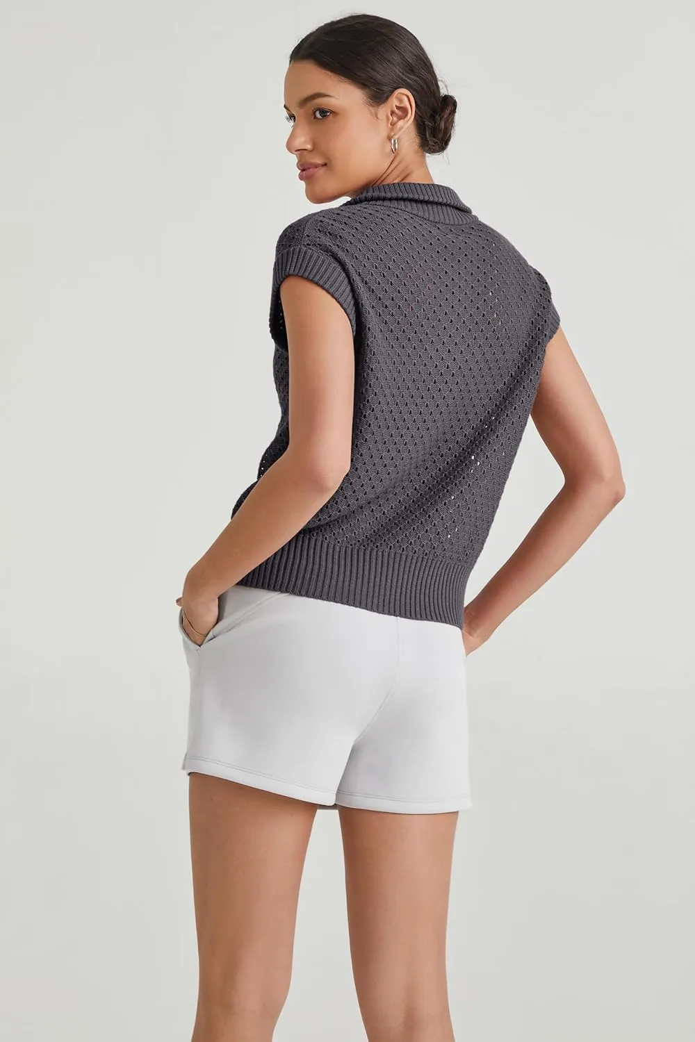 Arach&Cloz Womens Summer Cap Sleeve Sweater Vest 2025 Spring Casual Quarter Zip Hollow Out Crochet Polo V Neck Tops