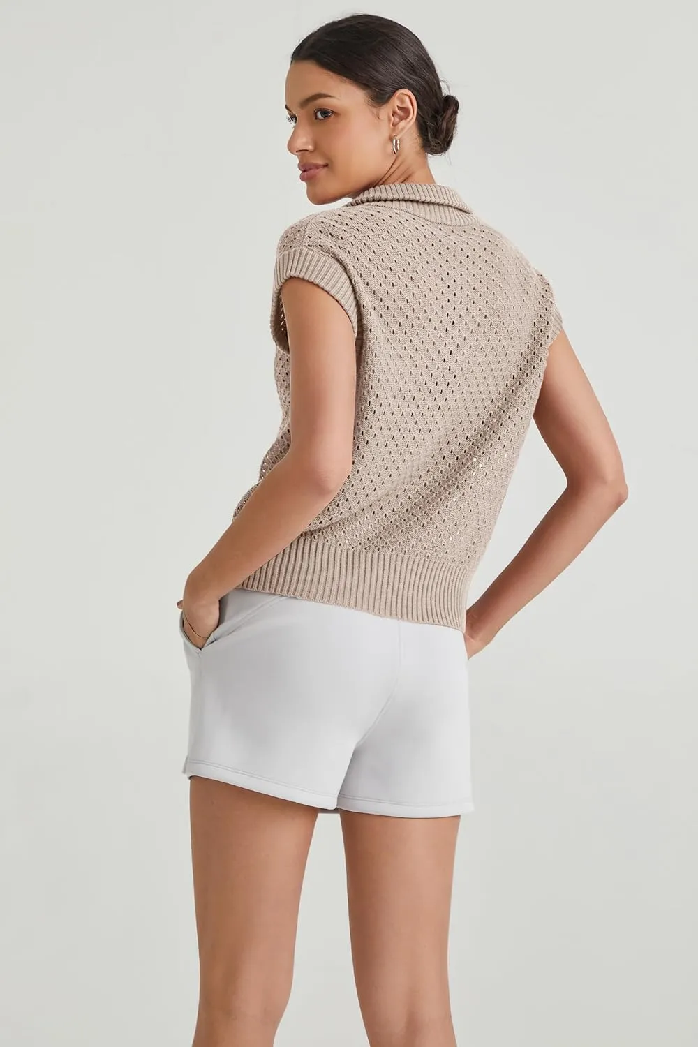 Arach&Cloz Womens Summer Cap Sleeve Sweater Vest 2025 Spring Casual Quarter Zip Hollow Out Crochet Polo V Neck Tops