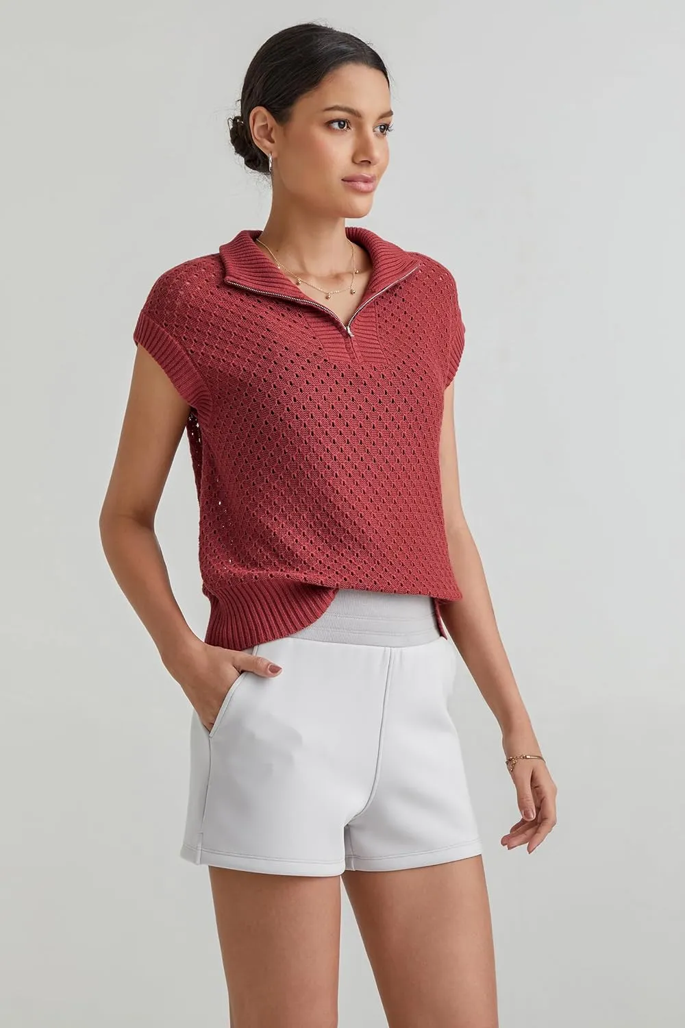 Arach&Cloz Womens Summer Cap Sleeve Sweater Vest 2025 Spring Casual Quarter Zip Hollow Out Crochet Polo V Neck Tops