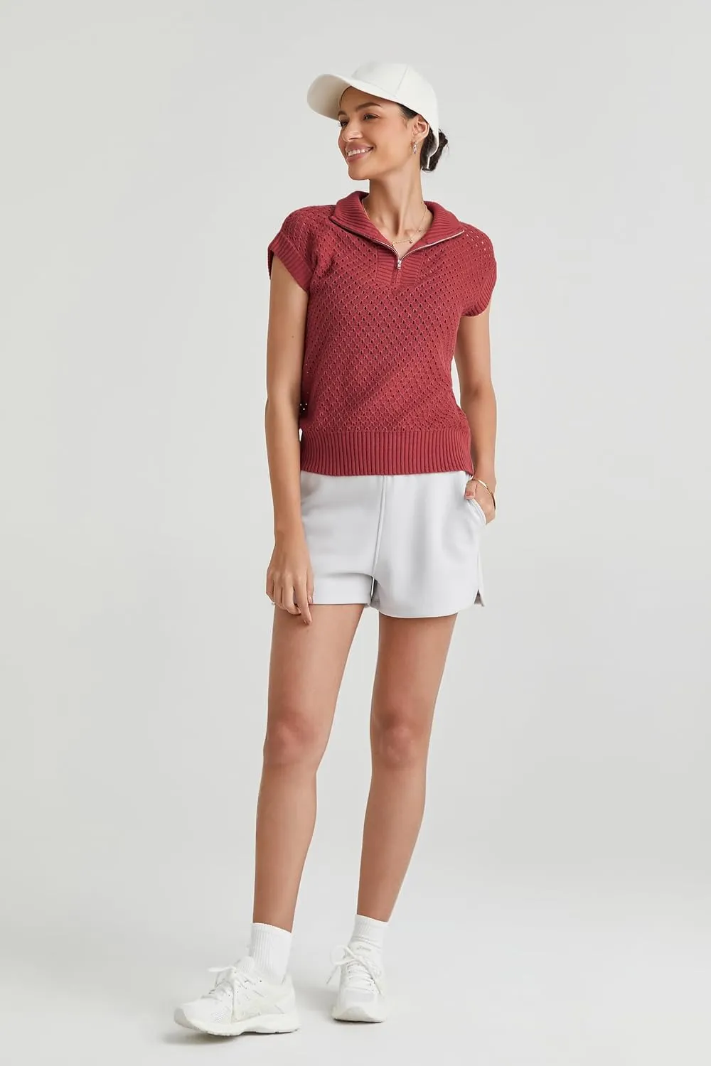 Arach&Cloz Womens Summer Cap Sleeve Sweater Vest 2025 Spring Casual Quarter Zip Hollow Out Crochet Polo V Neck Tops