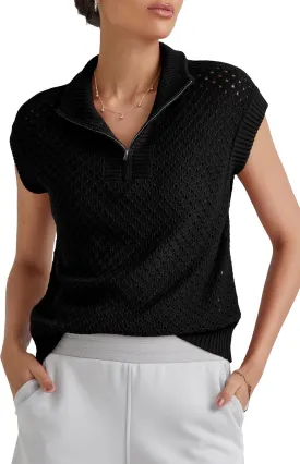 Arach&Cloz Womens Summer Cap Sleeve Sweater Vest 2025 Spring Casual Quarter Zip Hollow Out Crochet Polo V Neck Tops