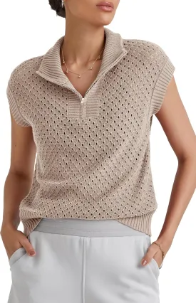 Arach&Cloz Womens Summer Cap Sleeve Sweater Vest 2025 Spring Casual Quarter Zip Hollow Out Crochet Polo V Neck Tops