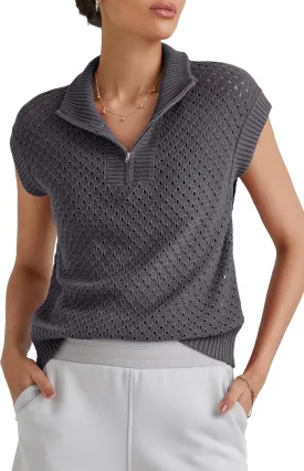 Arach&Cloz Womens Summer Cap Sleeve Sweater Vest 2025 Spring Casual Quarter Zip Hollow Out Crochet Polo V Neck Tops