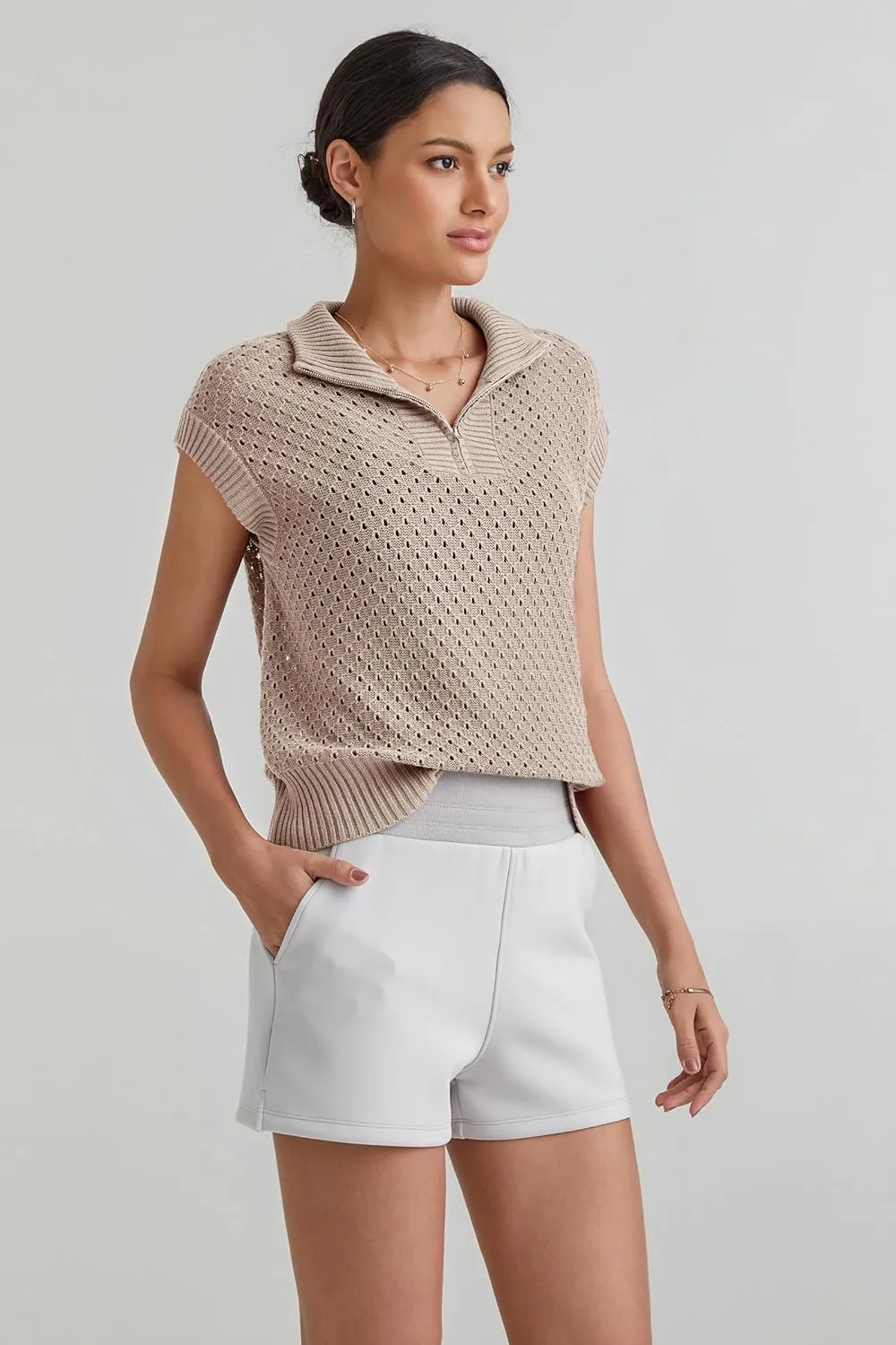 Arach&Cloz Womens Summer Cap Sleeve Sweater Vest 2025 Spring Casual Quarter Zip Hollow Out Crochet Polo V Neck Tops