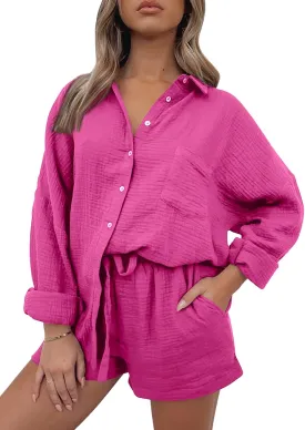 AUTOMET 2 Piece Sets For Women Lounge Wear Matching Two Piece Pajama Fashion Oversized Shirts And Shorts Spring Outfit 2025