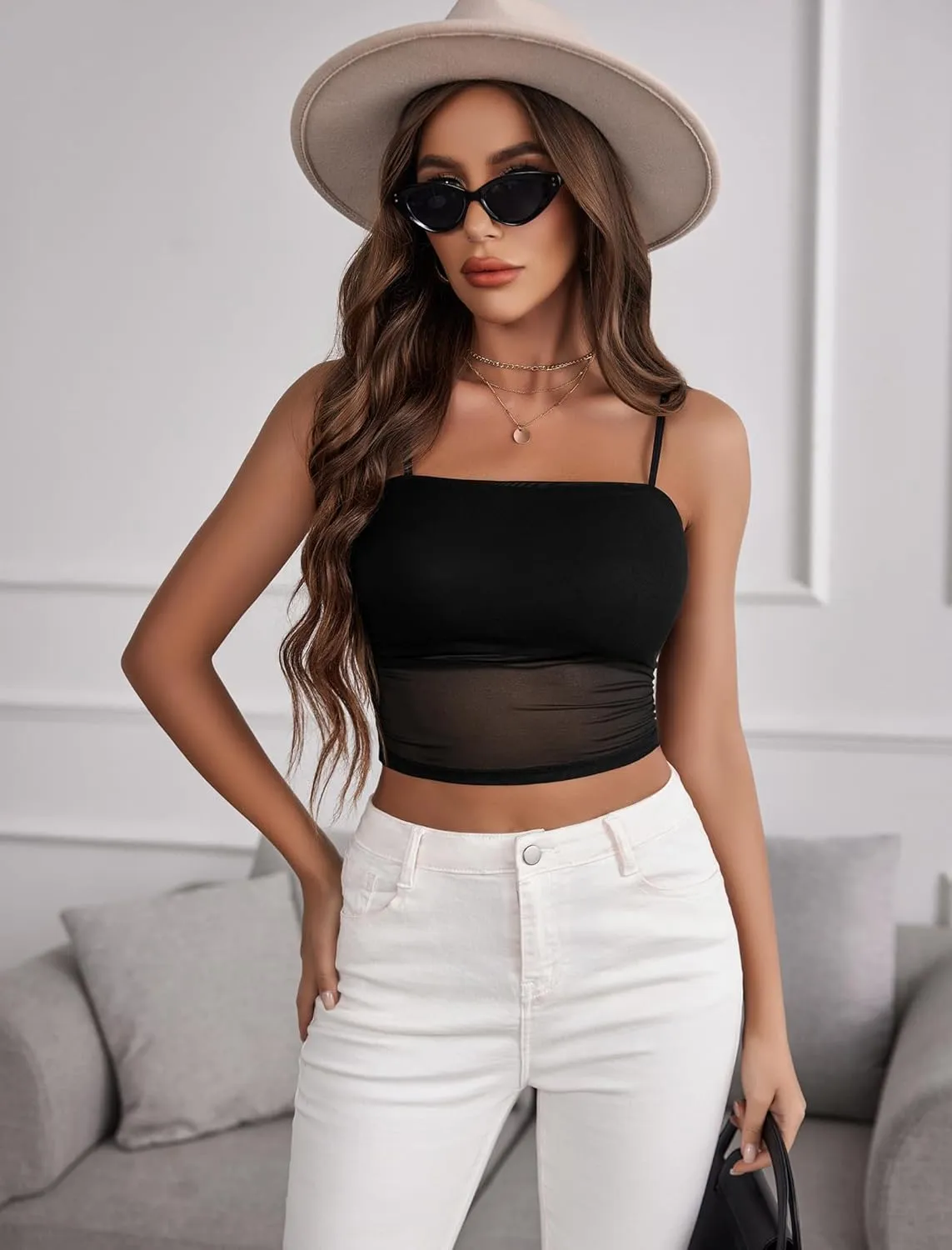 Avidlove Bralettes for Women Spaghetti Strap Mesh Tank Top Tube Slim Y2K Camisole