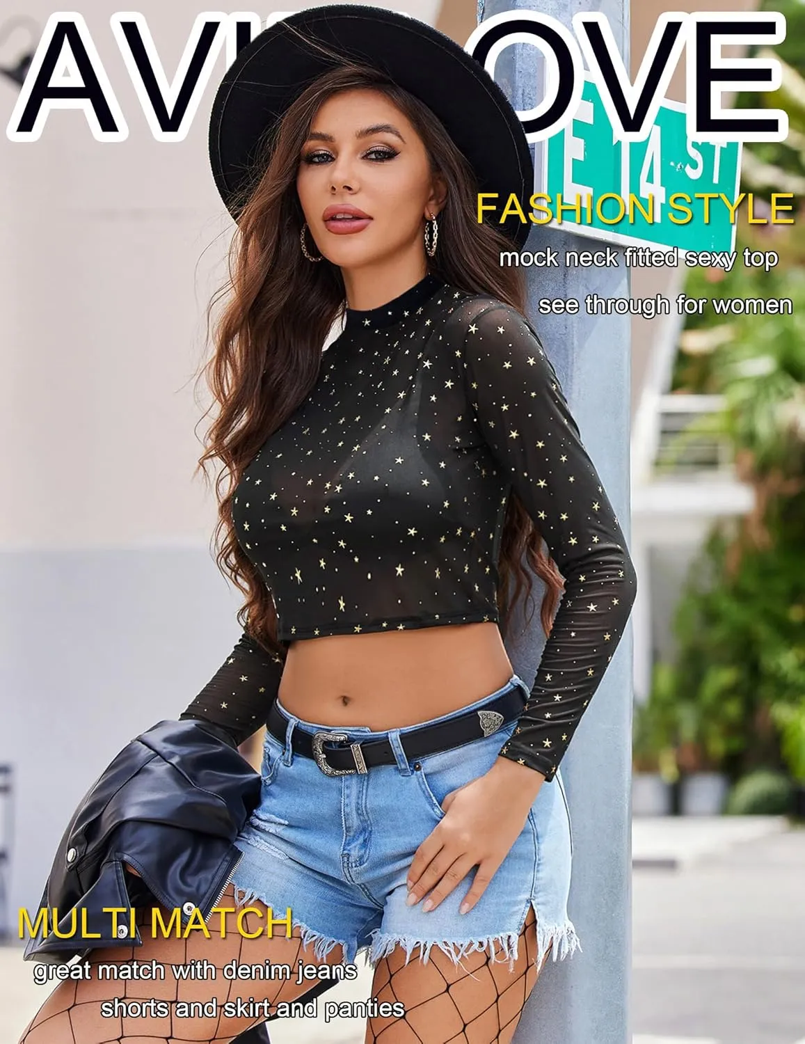 Avidlove Mesh Top Mesh Crop Top for Women Y2K Long Sleeve Mock Neck Top S-XXL