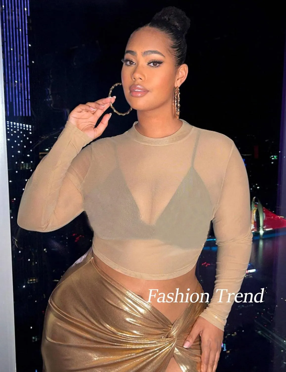 Avidlove Mesh Top Mesh Crop Top for Women Y2K Long Sleeve Mock Neck Top S-XXL
