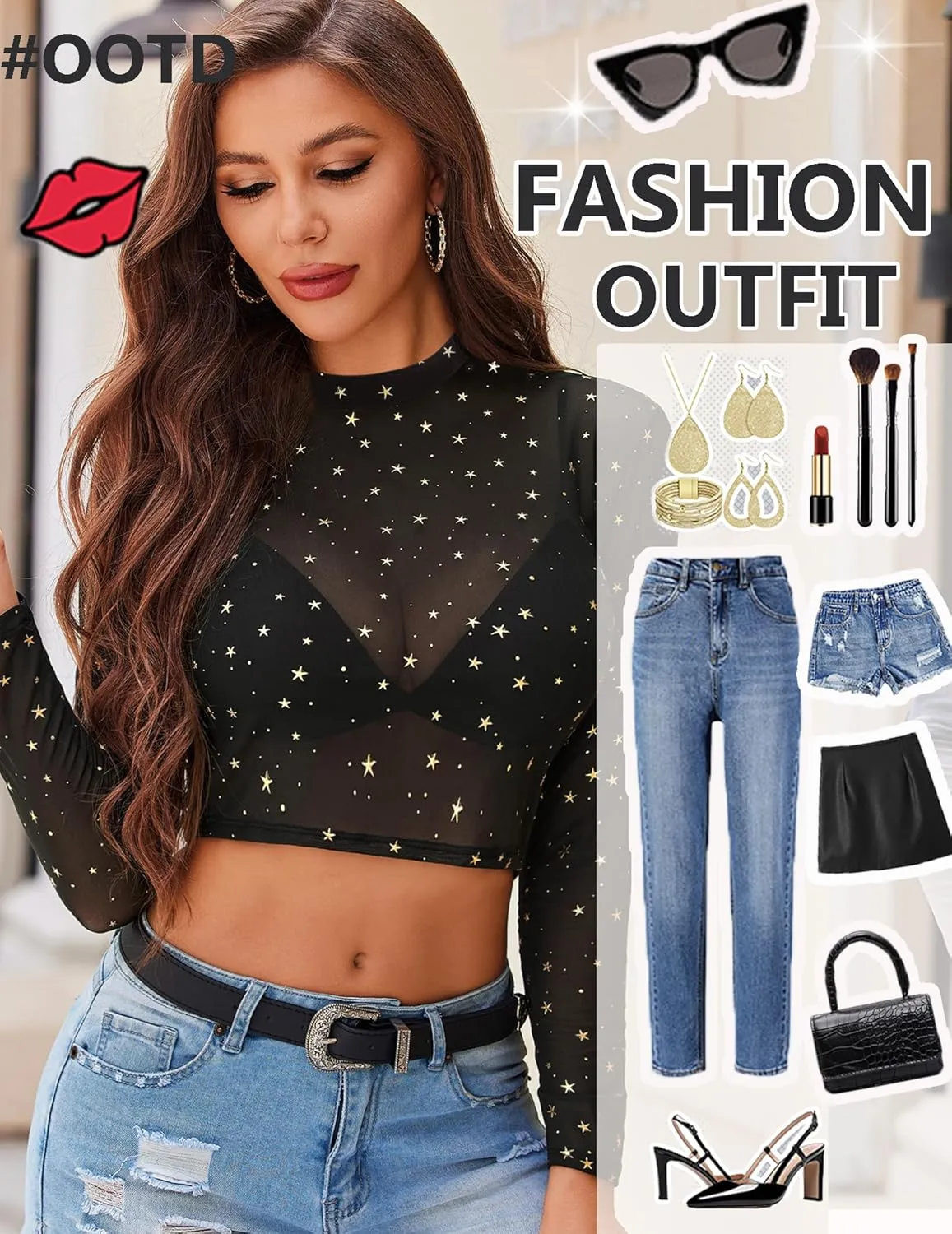 Avidlove Mesh Top Mesh Crop Top for Women Y2K Long Sleeve Mock Neck Top S-XXL