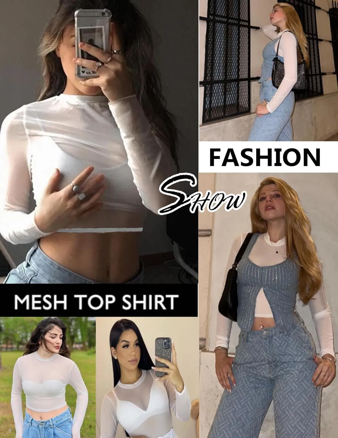 Avidlove Mesh Top Mesh Crop Top for Women Y2K Long Sleeve Mock Neck Top S-XXL