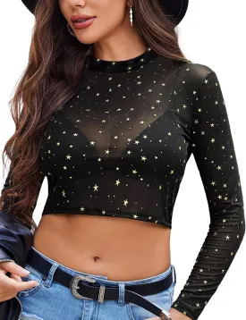 Avidlove Mesh Top Mesh Crop Top for Women Y2K Long Sleeve Mock Neck Top S-XXL