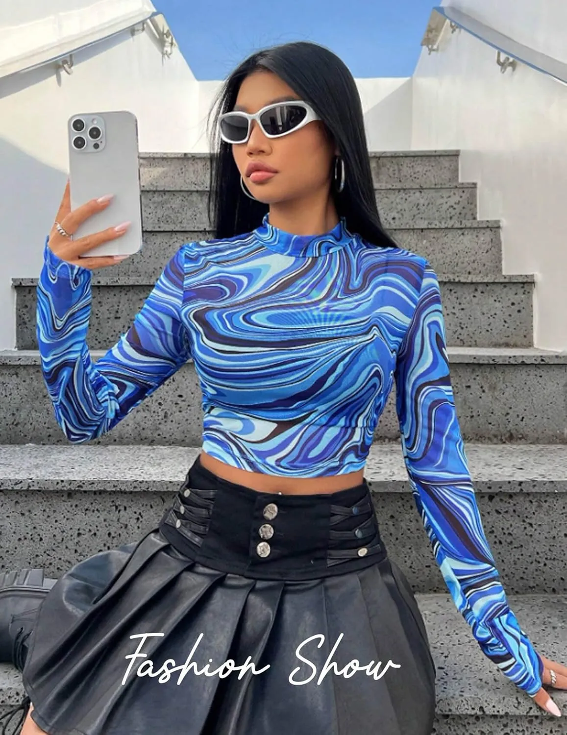 Avidlove Mesh Top Mesh Crop Top for Women Y2K Long Sleeve Mock Neck Top S-XXL