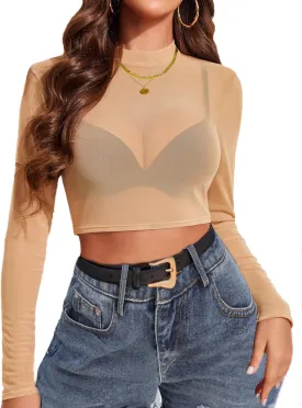 Avidlove Mesh Top Mesh Crop Top for Women Y2K Long Sleeve Mock Neck Top S-XXL