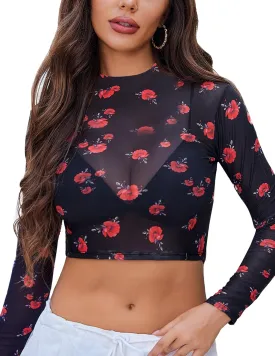 Avidlove Mesh Top Mesh Crop Top for Women Y2K Long Sleeve Mock Neck Top S-XXL