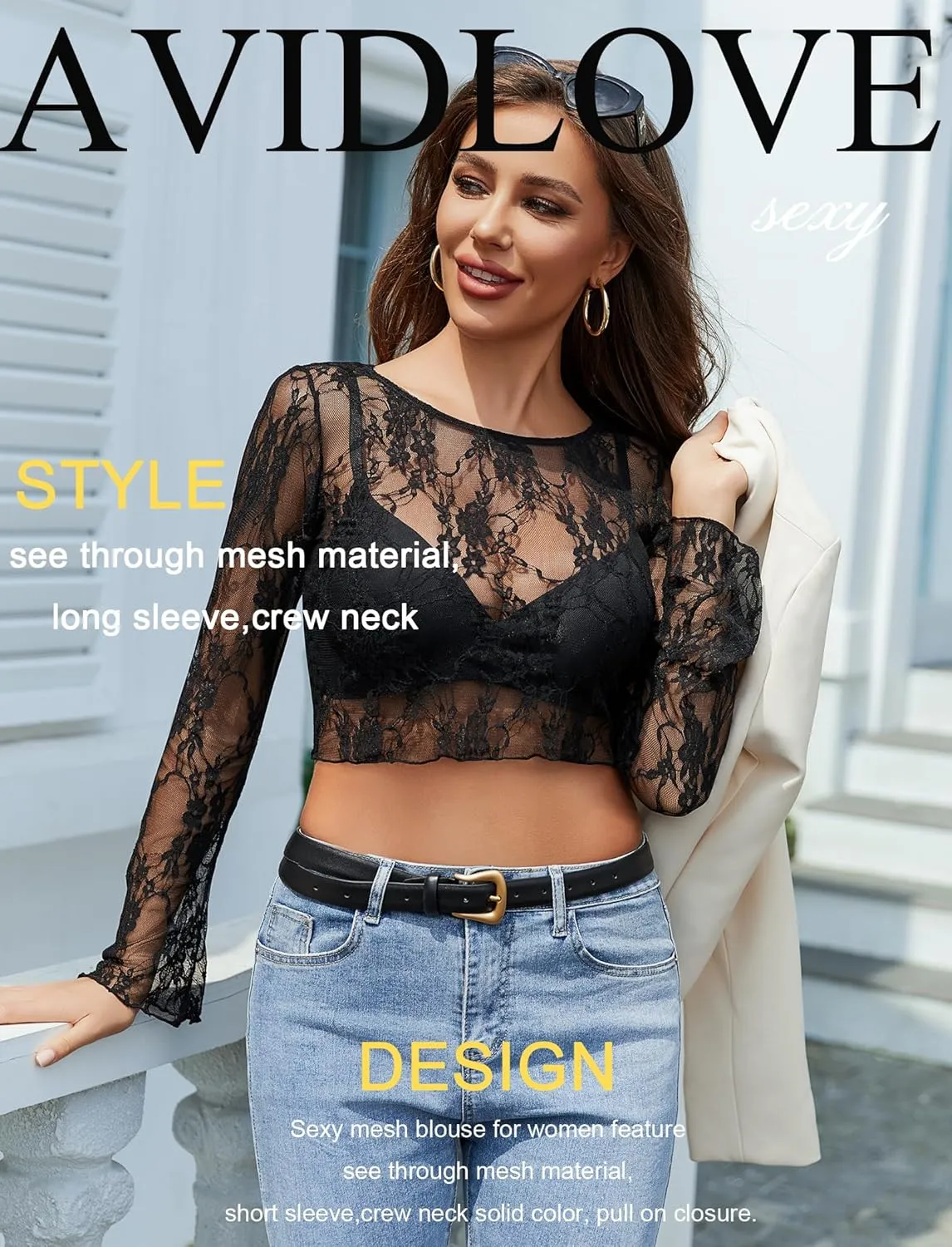 Avidlove Mesh Top Women Long Sleeve Crew Neck Sheer Blouse See Through Floral Lace Tops