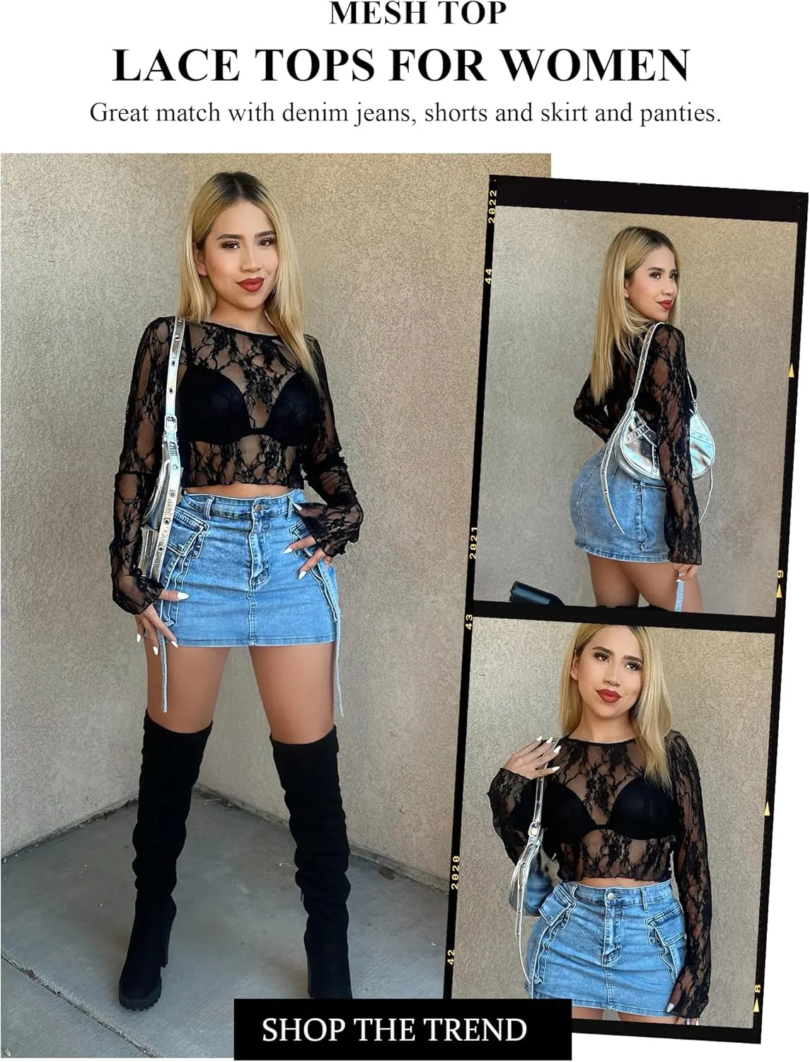 Avidlove Mesh Top Women Long Sleeve Crew Neck Sheer Blouse See Through Floral Lace Tops