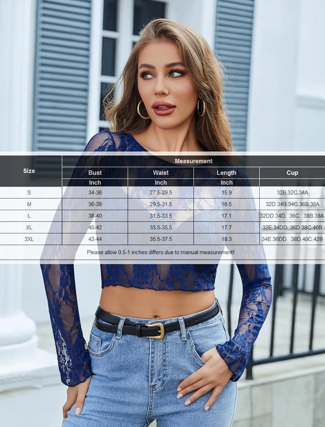 Avidlove Mesh Top Women Long Sleeve Crew Neck Sheer Blouse See Through Floral Lace Tops