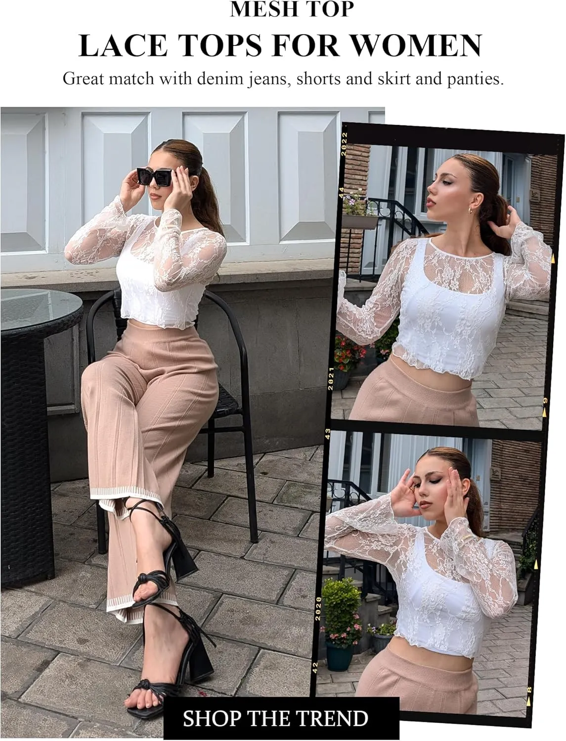 Avidlove Mesh Top Women Long Sleeve Crew Neck Sheer Blouse See Through Floral Lace Tops