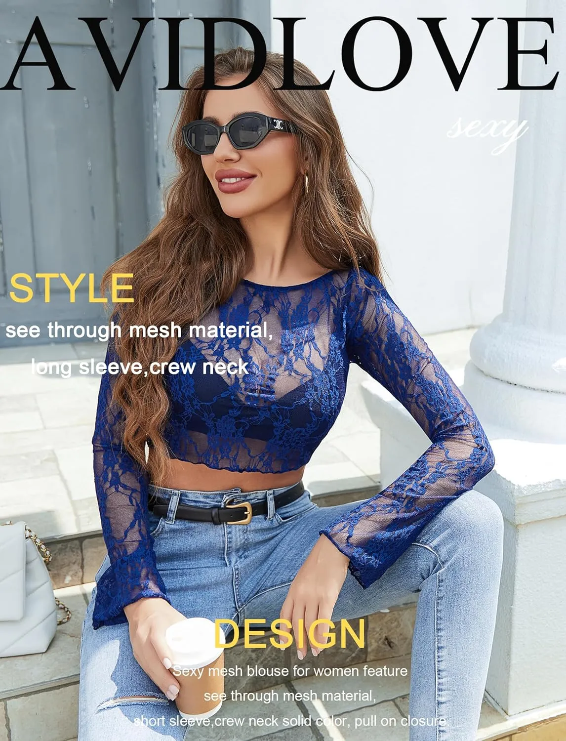 Avidlove Mesh Top Women Long Sleeve Crew Neck Sheer Blouse See Through Floral Lace Tops
