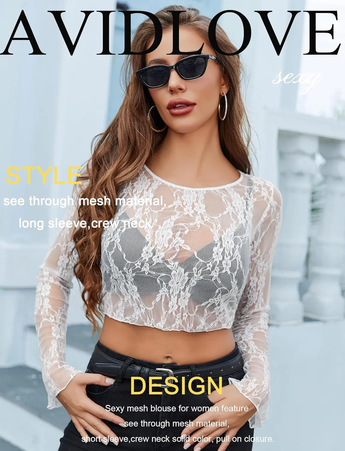 Avidlove Mesh Top Women Long Sleeve Crew Neck Sheer Blouse See Through Floral Lace Tops