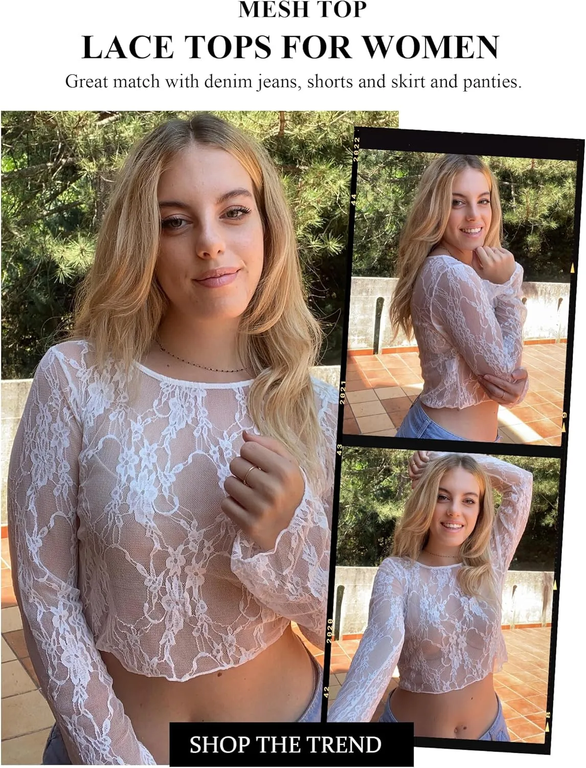 Avidlove Mesh Top Women Long Sleeve Crew Neck Sheer Blouse See Through Floral Lace Tops