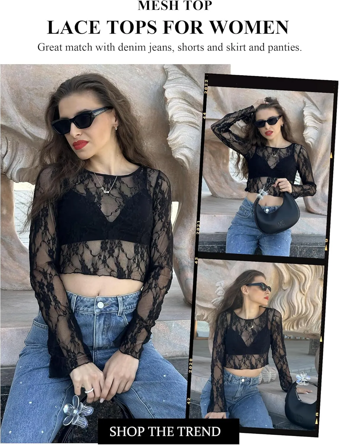 Avidlove Mesh Top Women Long Sleeve Crew Neck Sheer Blouse See Through Floral Lace Tops