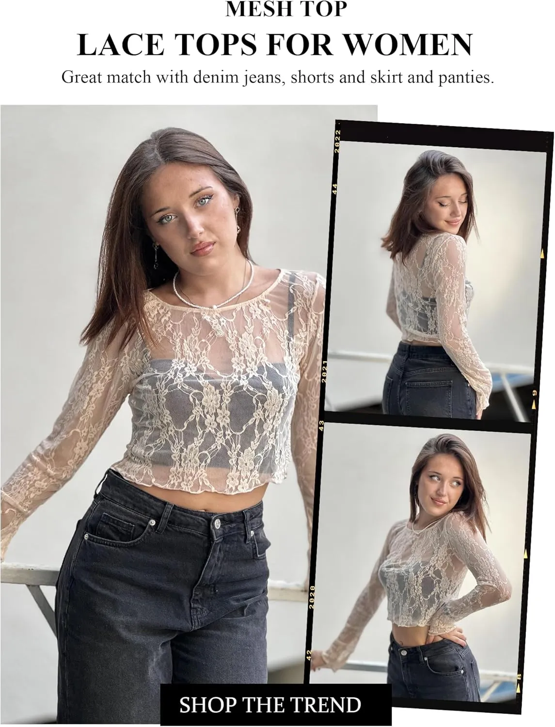 Avidlove Mesh Top Women Long Sleeve Crew Neck Sheer Blouse See Through Floral Lace Tops